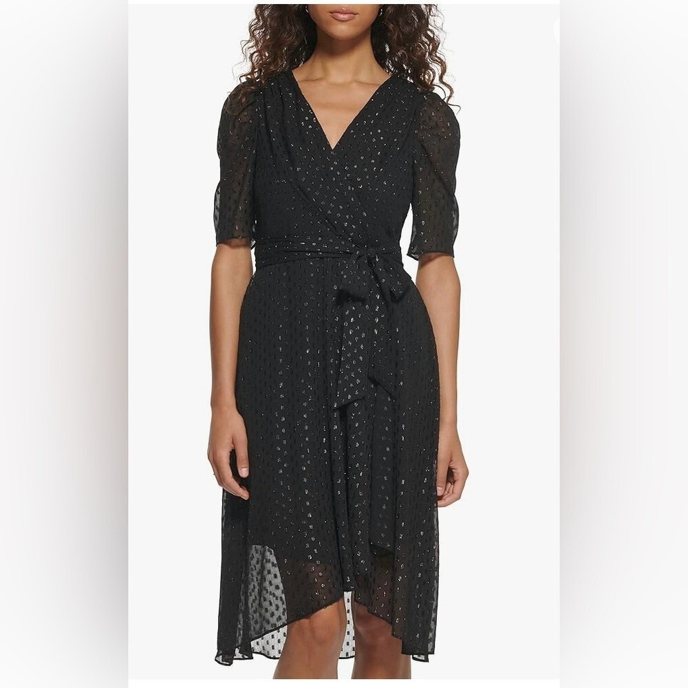 Tommy Hilfiger Black Metallic‎ Dot Faux Wrap High Low Dress 2 A0FG1ZTB Womens